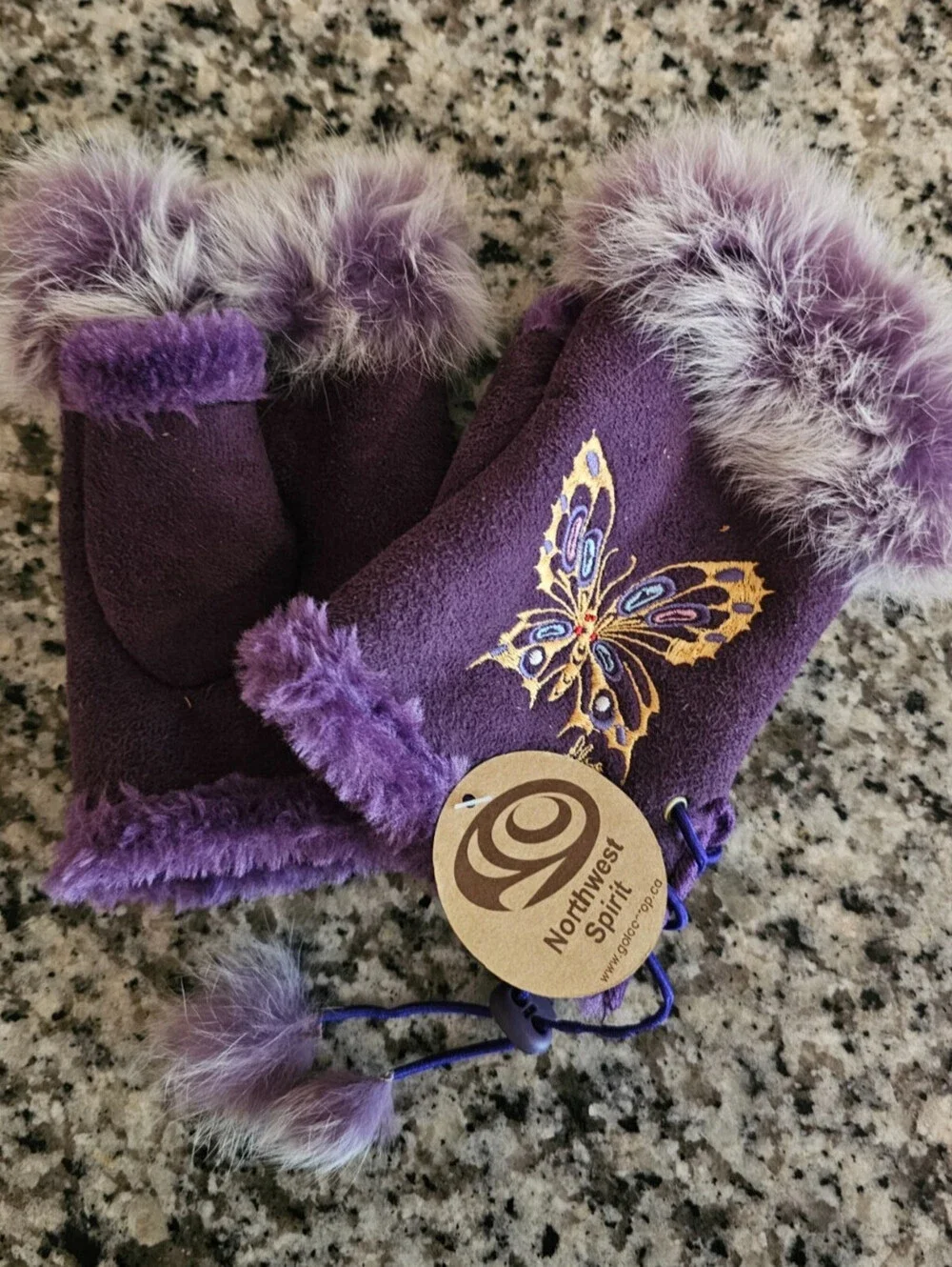 Northwest Spirit fingerless gloves Faux Rabbit Trim Embroidered Butterfly NEW